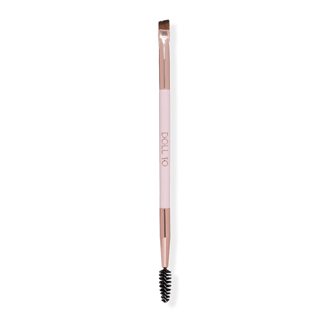 pink brush handle with rose gold accents. double ended brush - one end featuring a brow sculpting angled brush, the other end features a brow brush to straighten brow hairs after gel application.
