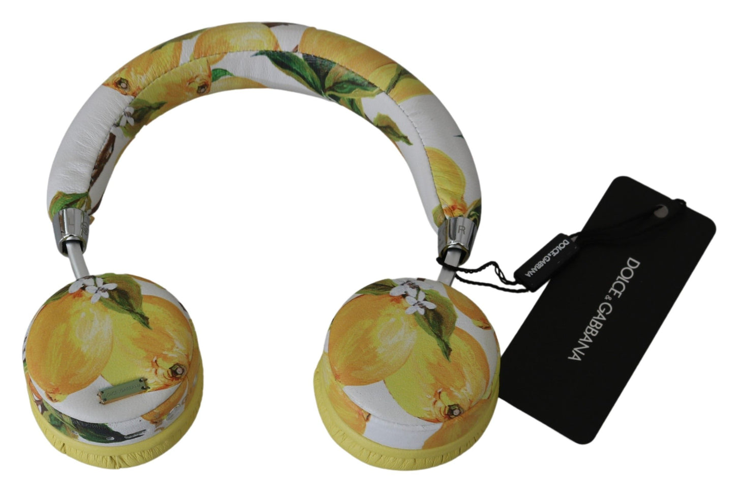 Dolce & Gabbana Chic White Leather Headphones with Yellow Print