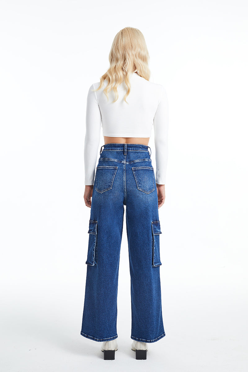 HIGH RISE CARGO STRAIGHT WIDE LEG JEANS BYW8107 INDIGO ROCK by Bayeas