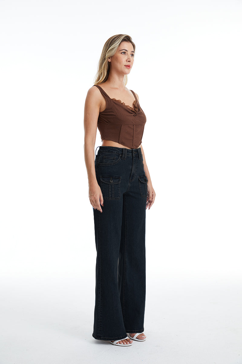 HIGH RISE RELAXED FLARE WITH FRONT CARGO POCKETS BYF1097 BLACK by Bayeas