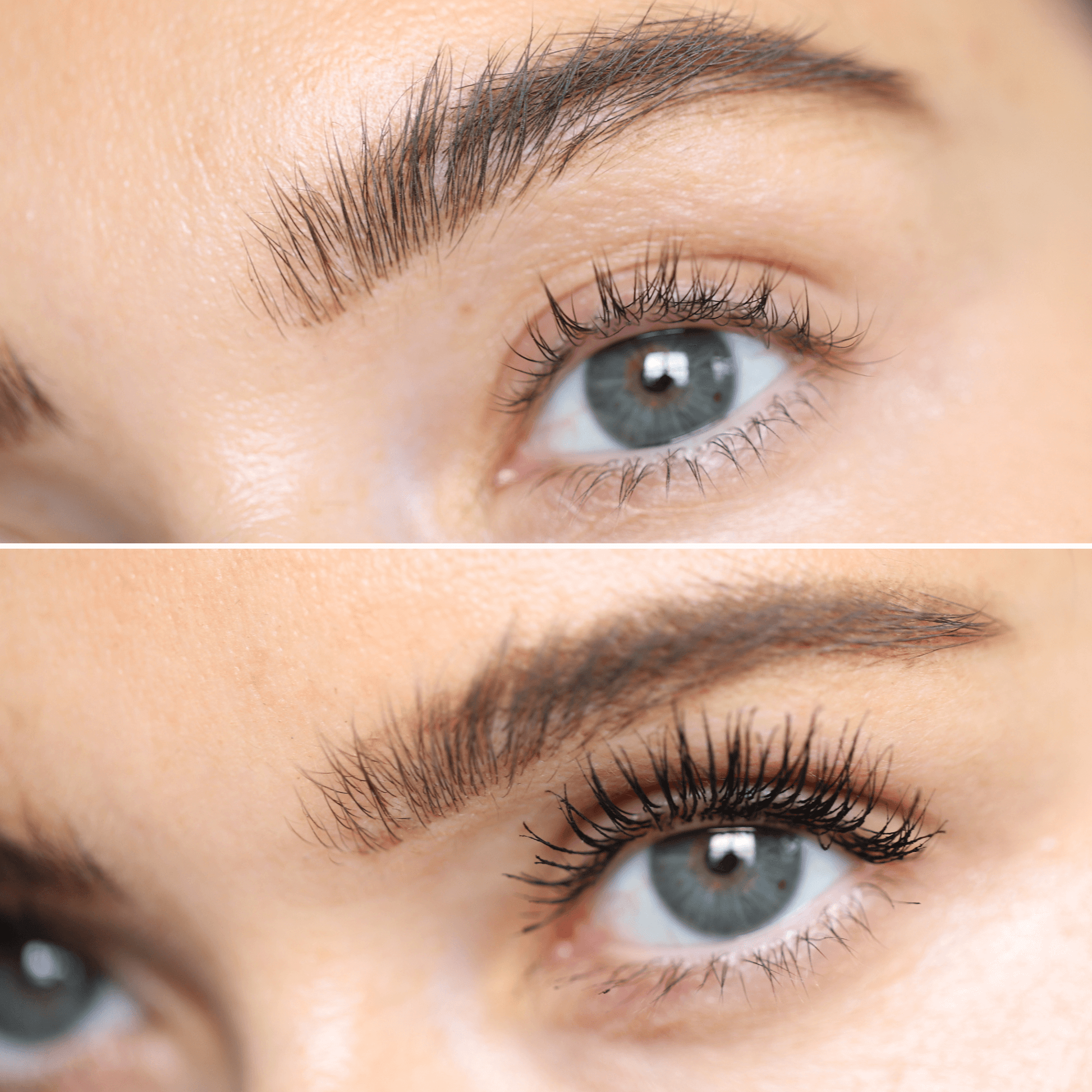 Before and after images of an eye showing the effects of Night Show Volumizing Mascara, with natural lashes on top and dramatically enhanced, voluminous lashes on the bottom.