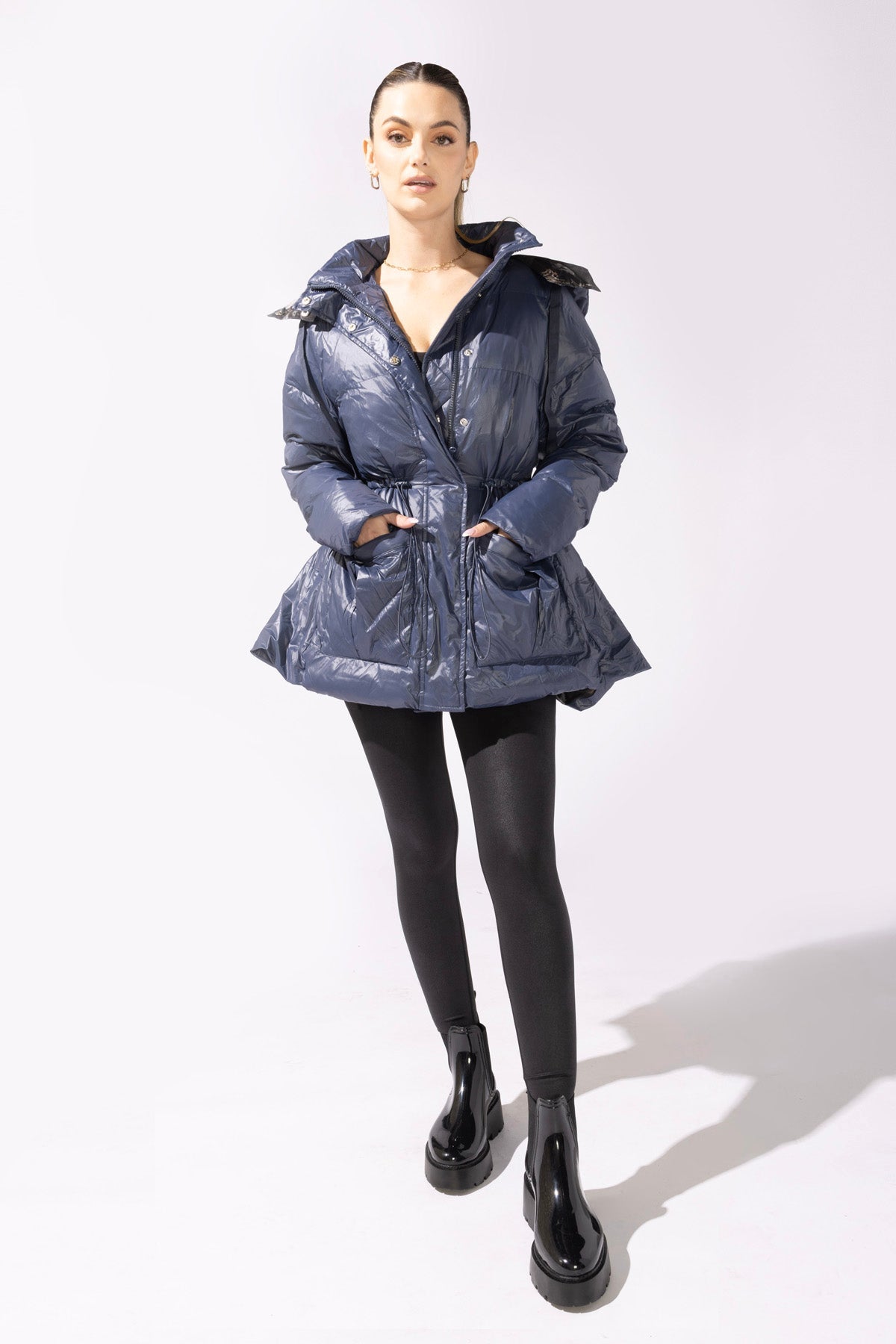 Pearl Peplum Puffer Jacket - Navy by POPFLEX®