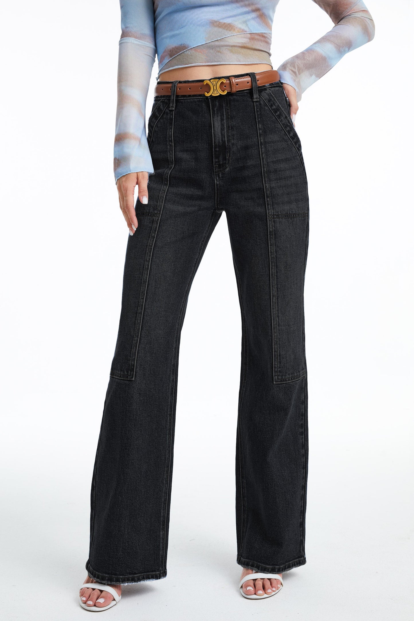 HIGH RISE WIDE LEG JEANS BYW8084 BK by Bayeas