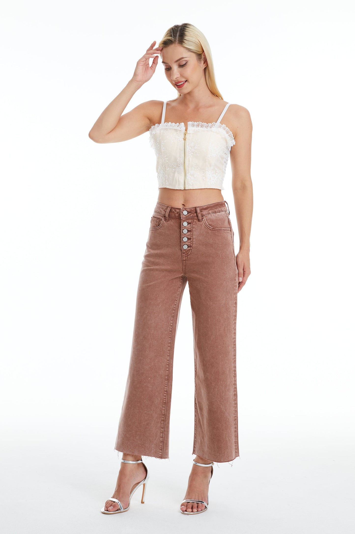 HIGH RISE WIDE LEG JEANS BYN003 Cappuccino by Bayeas