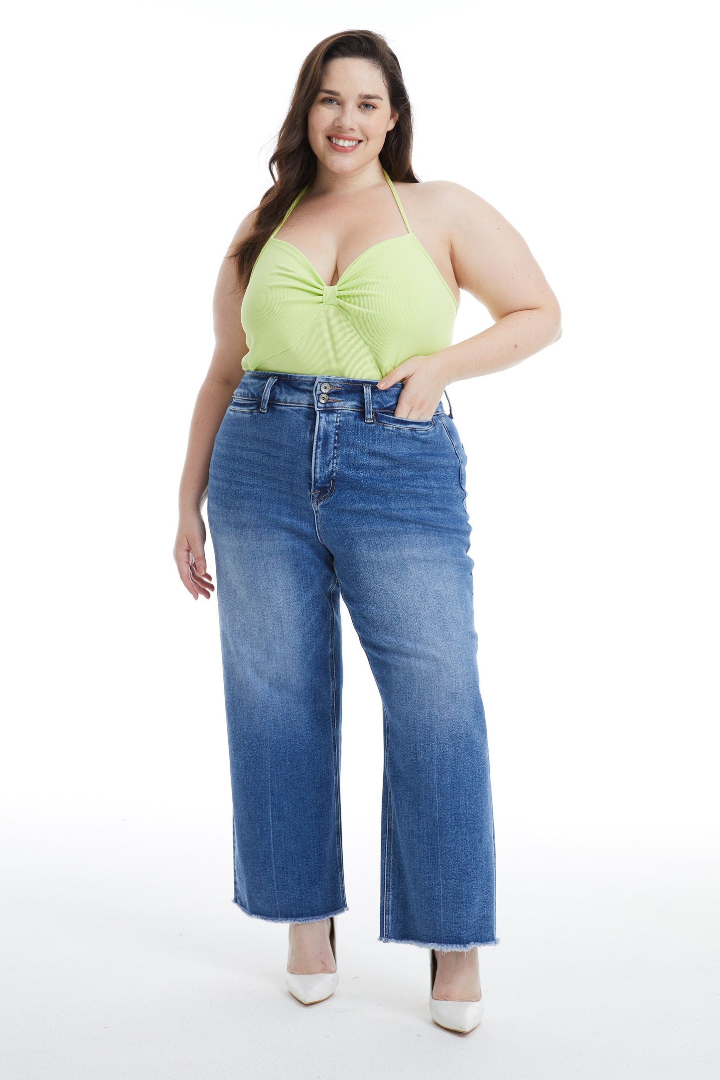 HIGH RISE WIDE LEG JEANS WITH RAW HEM BYW8123-P MB by Bayeas