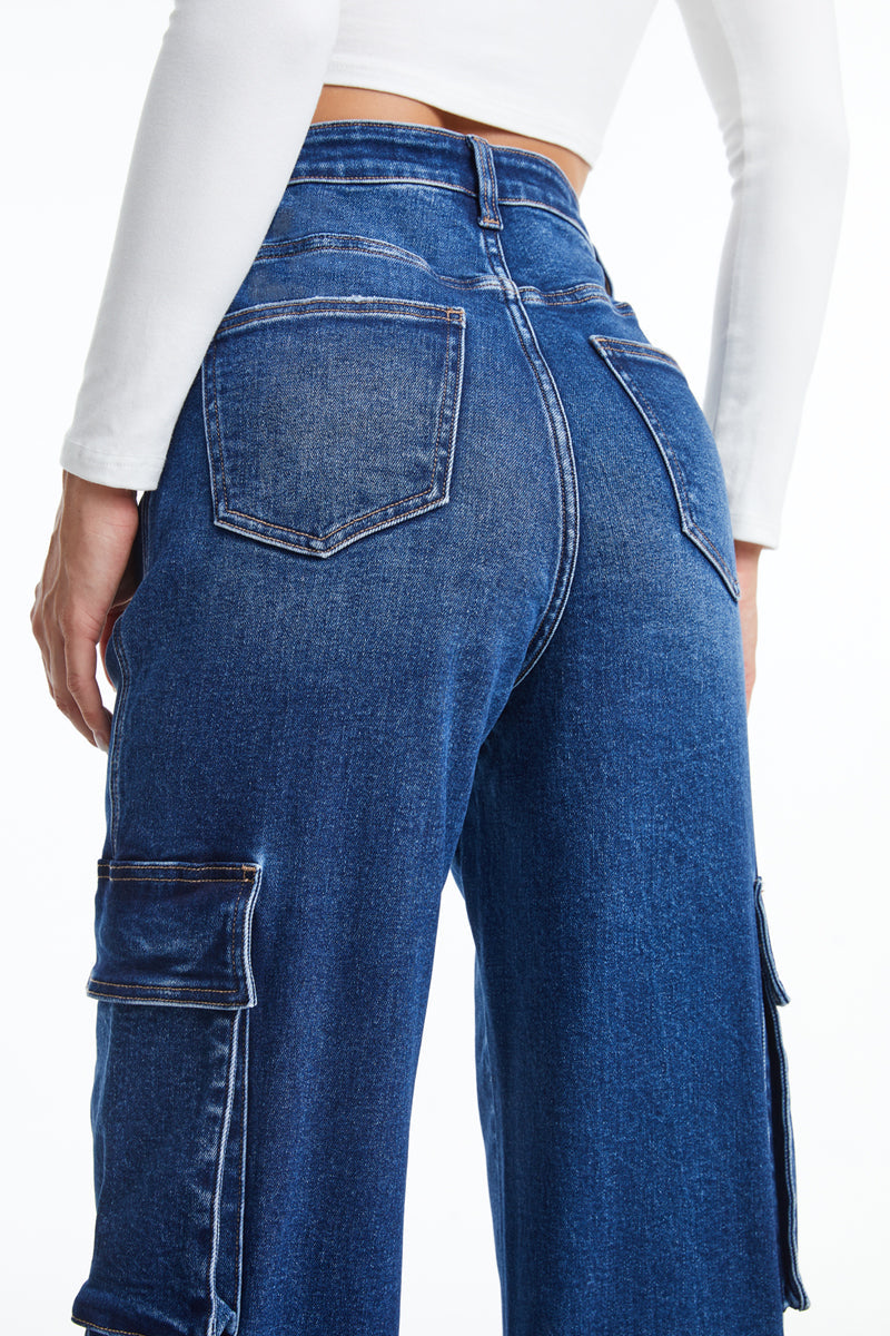 HIGH RISE CARGO STRAIGHT WIDE LEG JEANS BYW8107 INDIGO ROCK by Bayeas