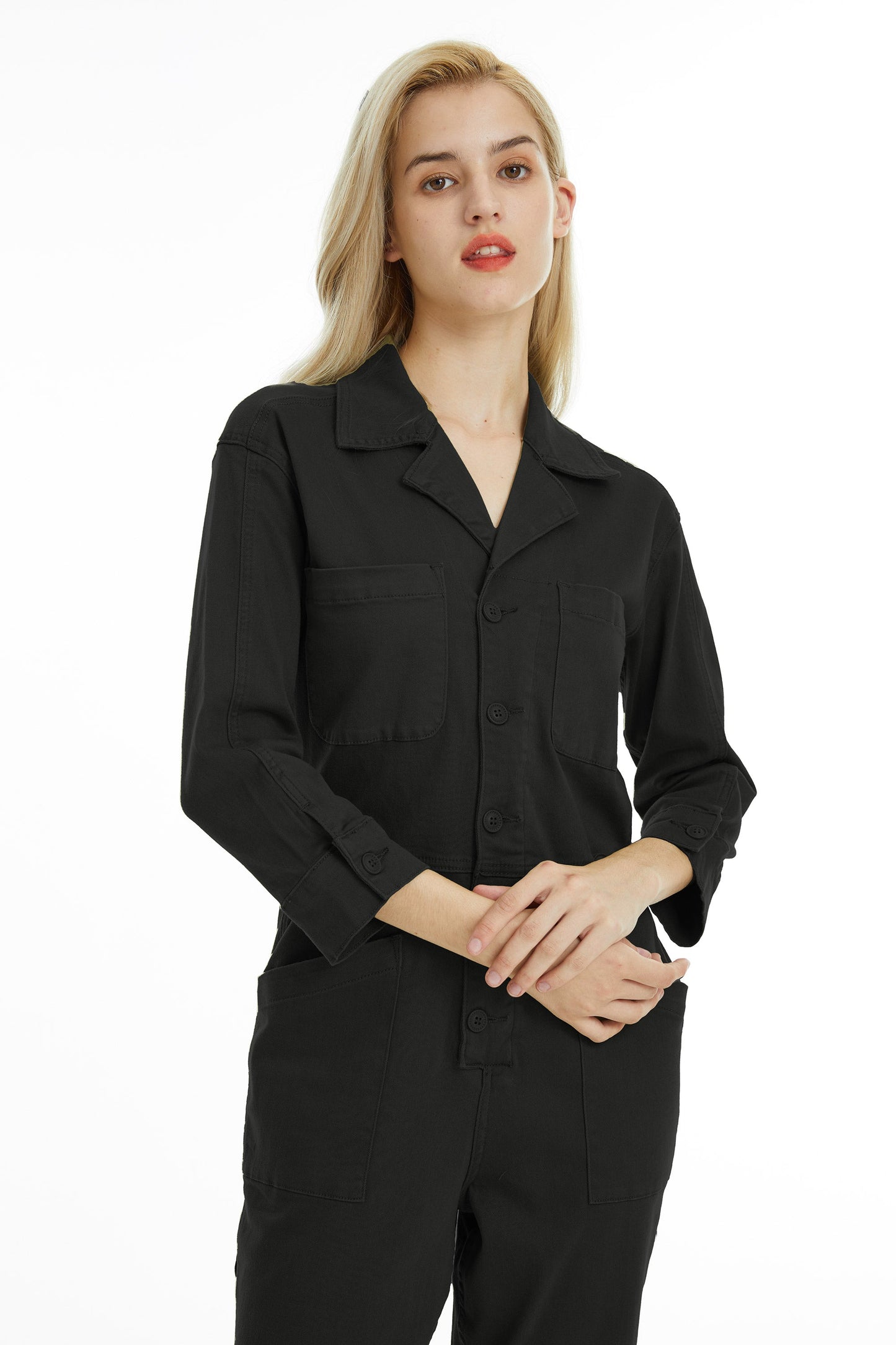 LONG SLEEVE JUMPSUIT WITH FRONT PATCH POCKETS BYRJ001 BK by Bayeas