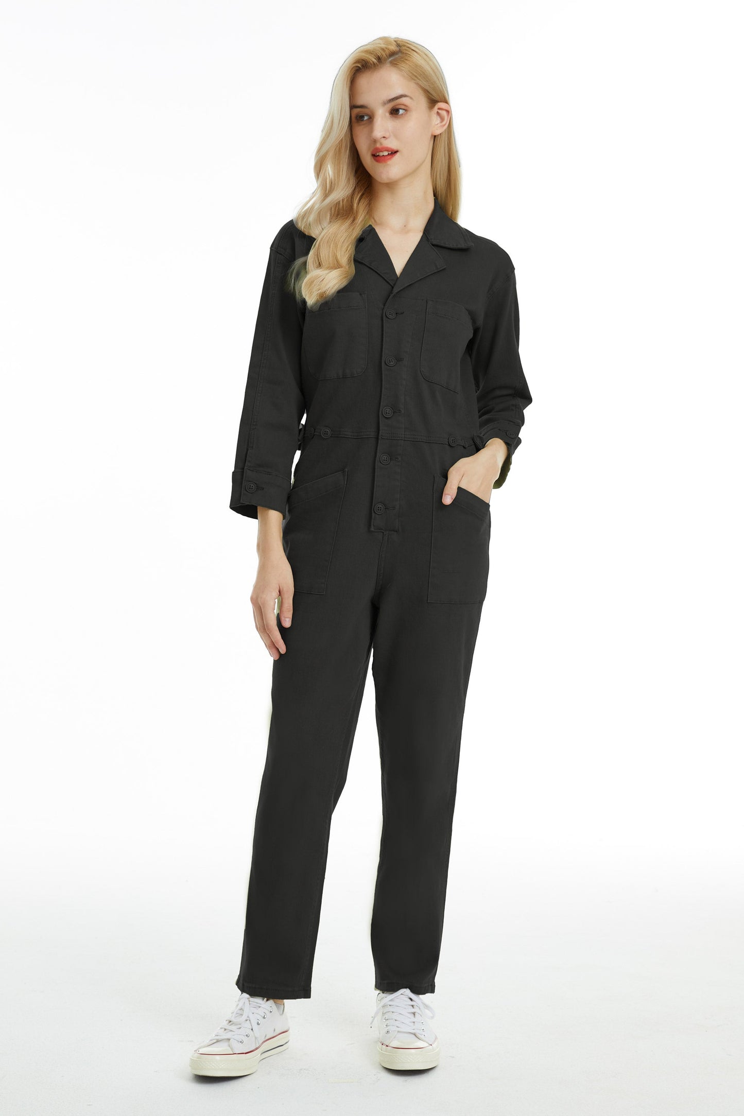 LONG SLEEVE JUMPSUIT WITH FRONT PATCH POCKETS BYRJ001 BK by Bayeas