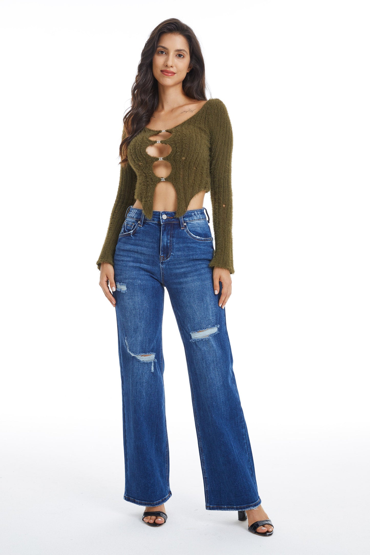 HIGH RISE WIDE LEG JEANS BYW8120 DB by Bayeas