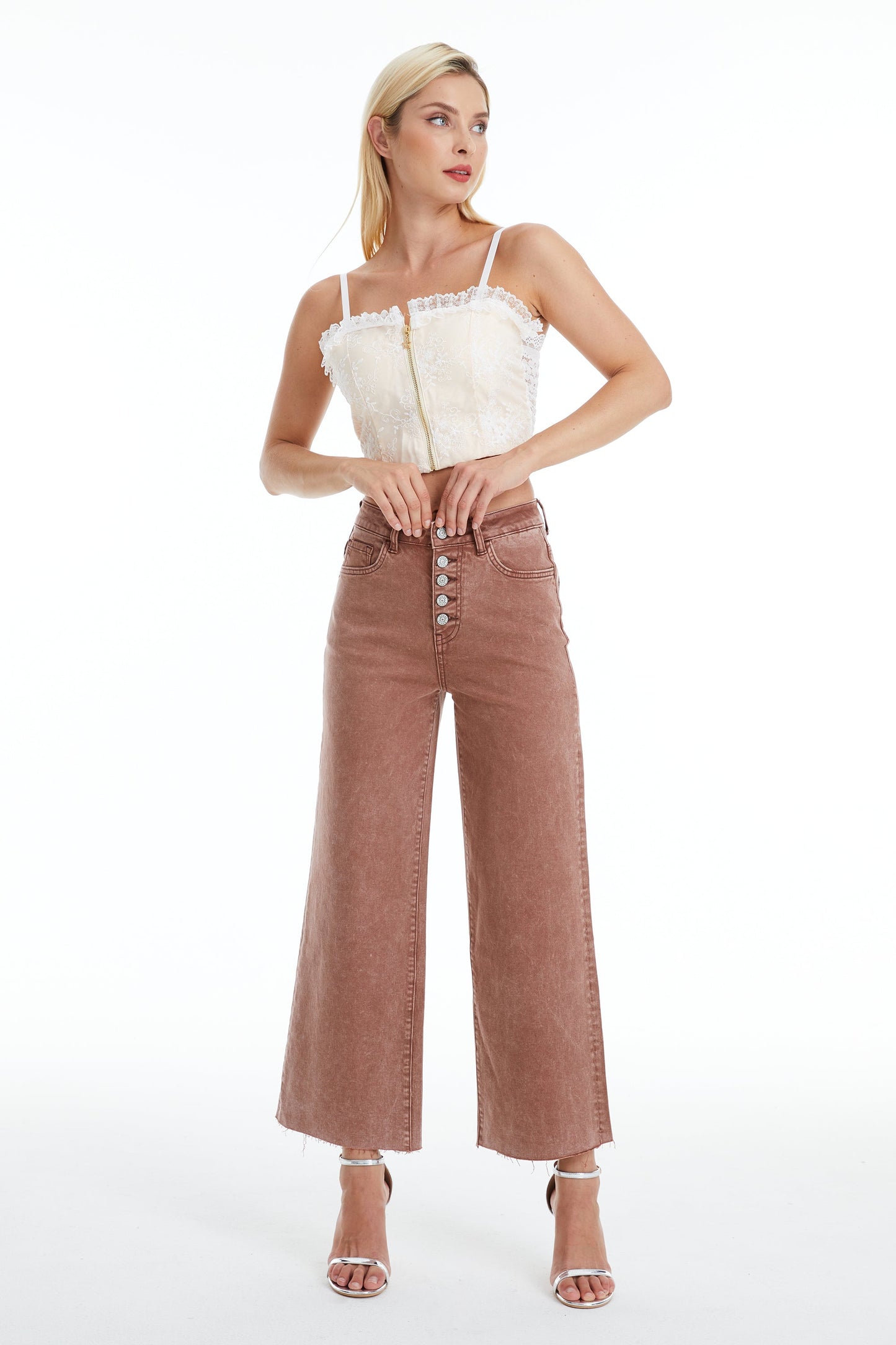 HIGH RISE WIDE LEG JEANS BYN003 Cappuccino by Bayeas