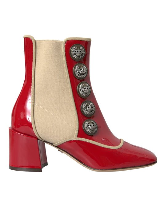 Dolce & Gabbana Red Beige Leather Embellished Mid Calf Boots Shoes