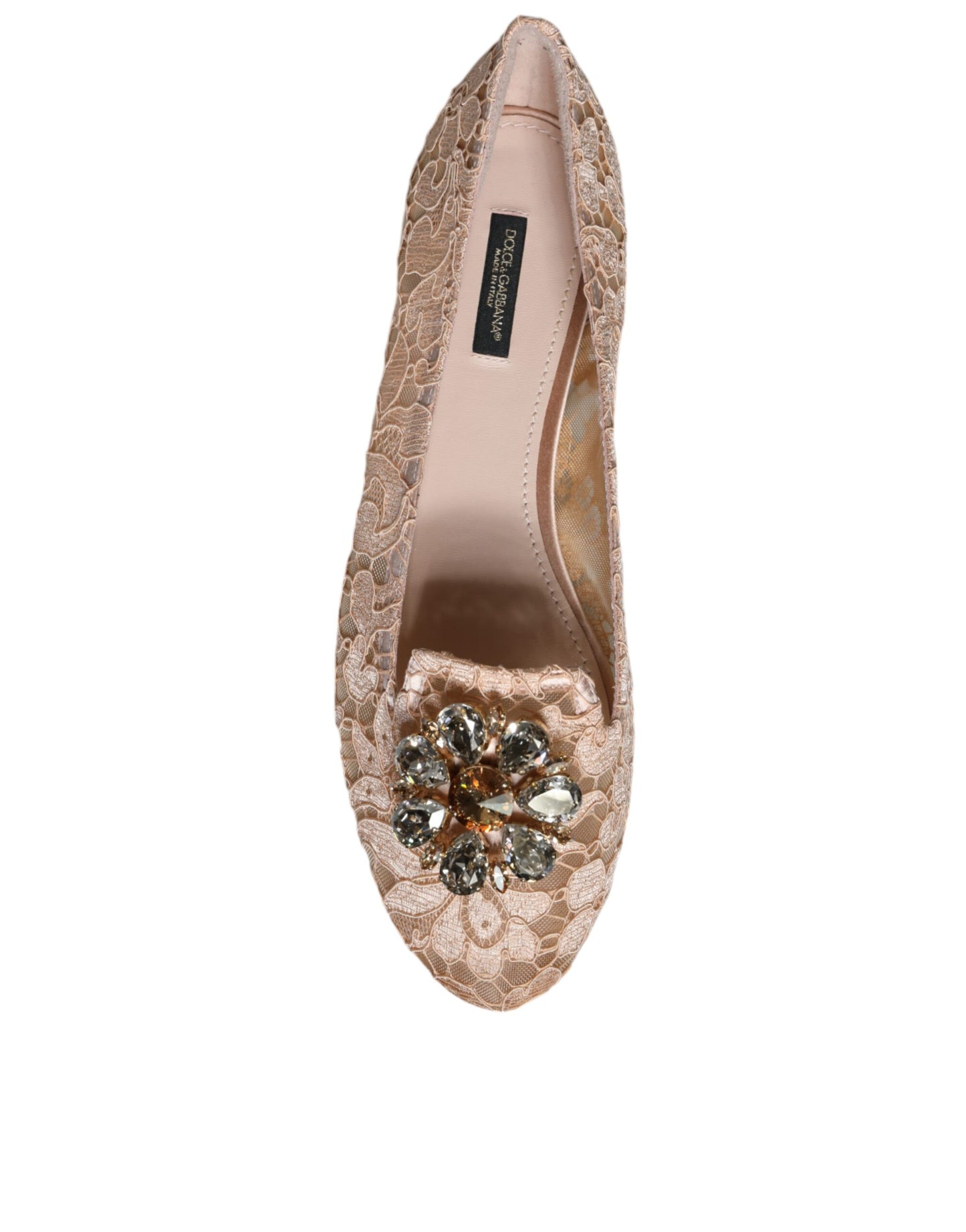 Dolce & Gabbana Beige Lace Crystal Ballet Flats Loafers Shoes