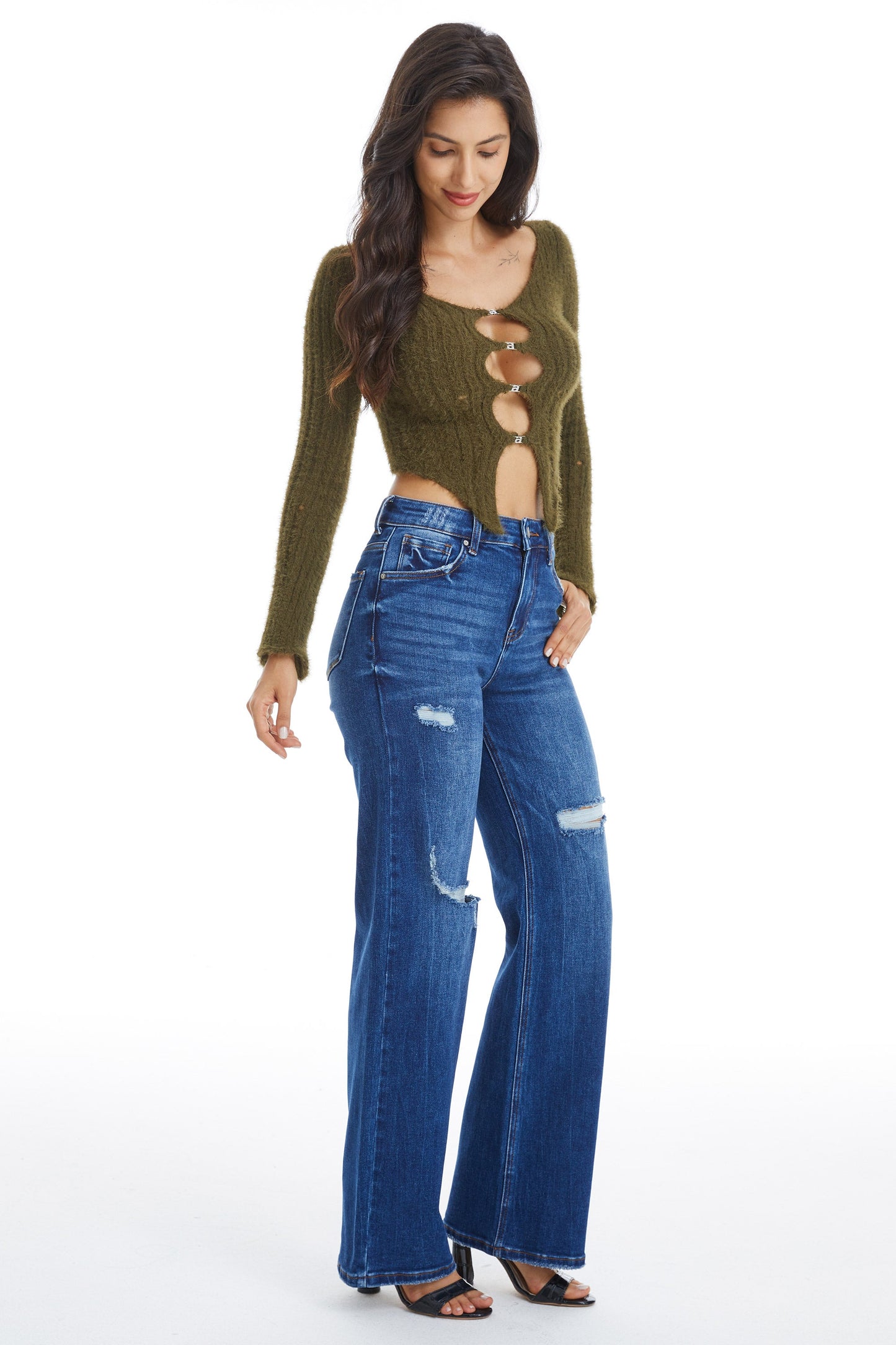 HIGH RISE WIDE LEG JEANS BYW8120 DB by Bayeas