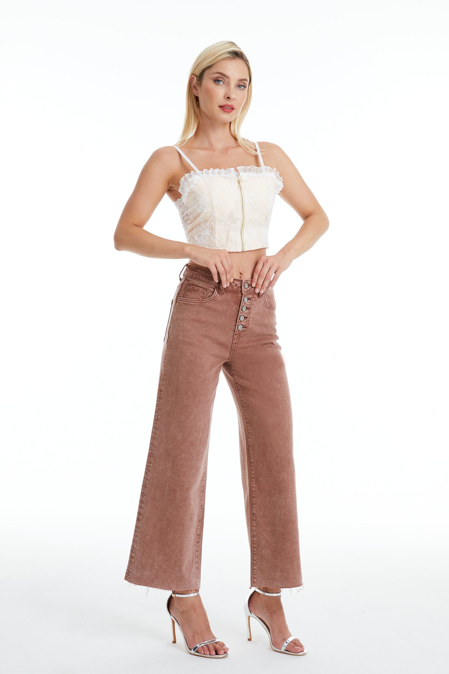 HIGH RISE WIDE LEG JEANS BYN003 Cappuccino by Bayeas