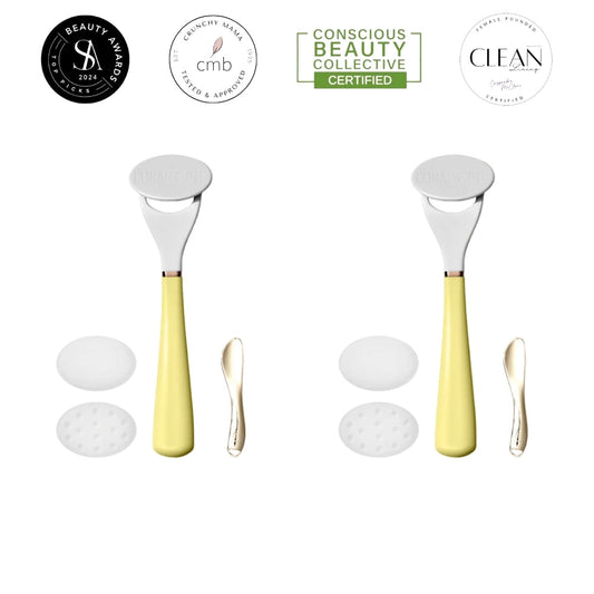 Two LUNAESCENT touch-free skincare applicator sets with yellow handles, including a smooth pad, textured pad, and a gold low-scoop spatula.