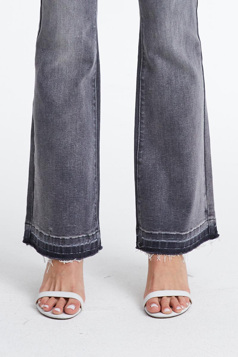 HIGH RISE FLARE LEG JEANS WITH RAW HEM BYF1110 GREY by Bayeas