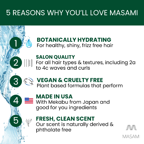 List of reasons why someone might love a product called Masami, with a water-themed graphic.