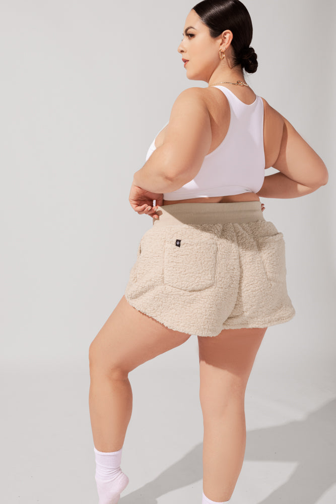 Faux Sherpa Short with Pockets - Taupe by POPFLEX®