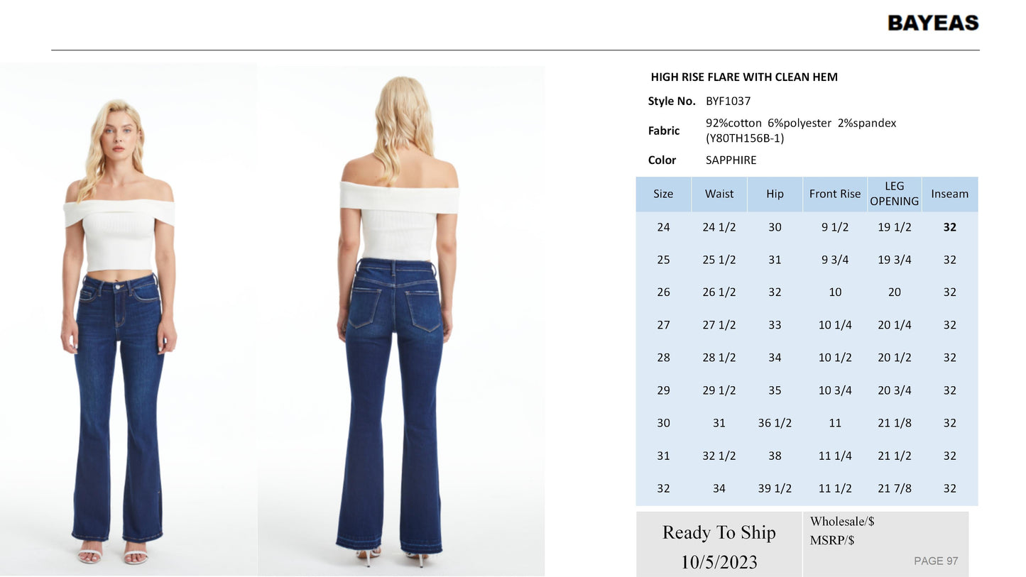 HIGH RISE FLARE JEANS WITH CLEAN HEM BYF1037 SAPPHIRE by Bayeas