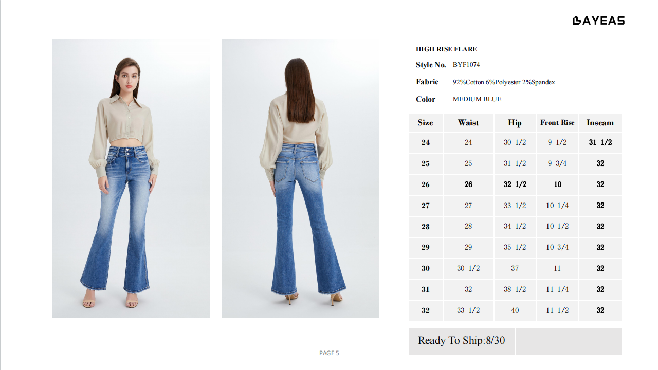 HIGH RISE FLARE JEANS WITH CLEAN HEM BYF1074 by Bayeas