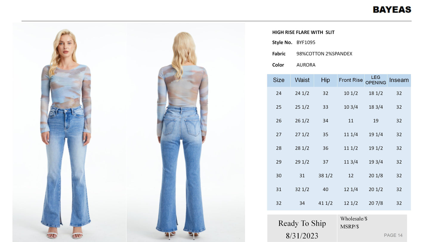 HIGH RISE FLARE JEANS WITH SLIT BYF1095 AURORA by Bayeas