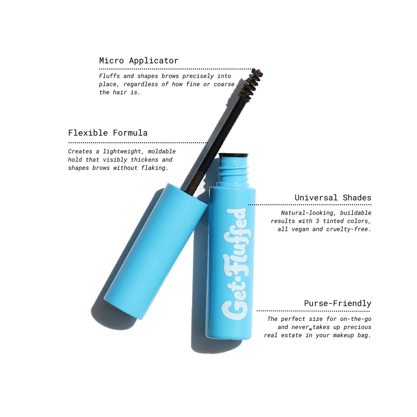 Blue tube of Get-Fluffed Brow Gel with an open cap displaying the mini spoolie applicator, highlighting its micro precision, flexible formula, universal shades, and compact size for on-the-go use.