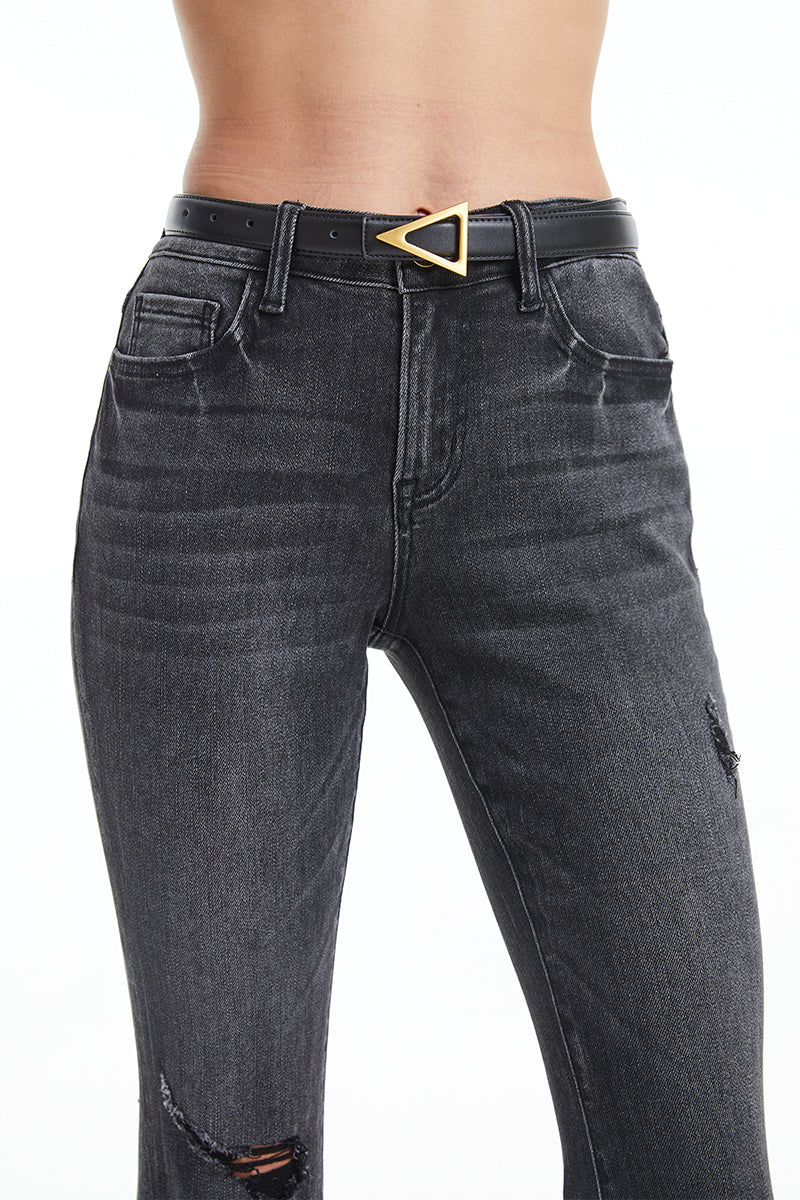 MID RISE FLARE JEANS WITH RAW EDGE HEM BYF1018-1 by Bayeas