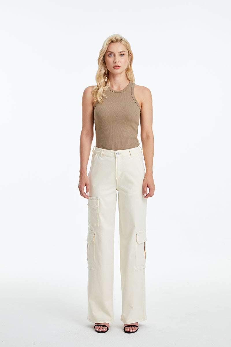 HIGH RISE WIDE LEG JEANS BYW8081 BEIGE by Bayeas