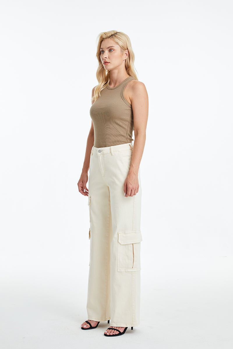 HIGH RISE WIDE LEG JEANS BYW8081 BEIGE by Bayeas