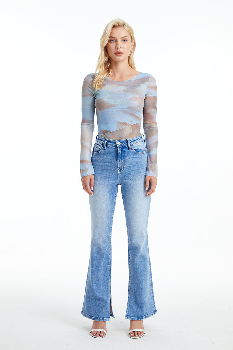 HIGH RISE FLARE JEANS WITH SLIT BYF1095 AURORA by Bayeas