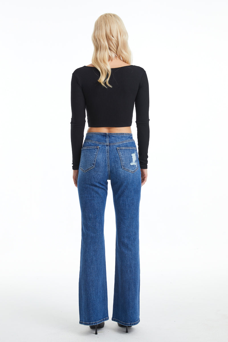 HIGH RISE BOOTCUT FLARE JEANS BYF1111 NAVY by Bayeas