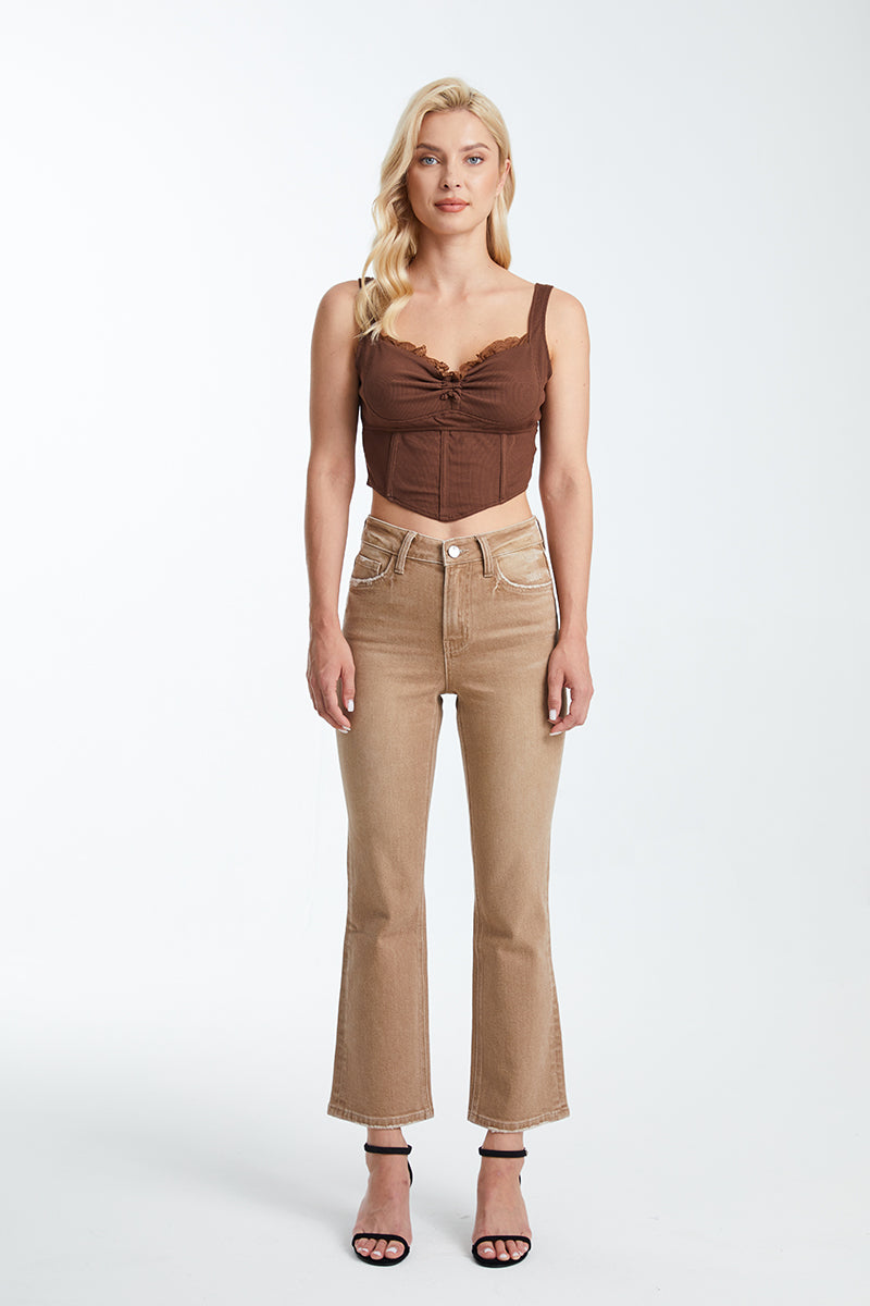 HIGH RISE CROP FLARE JEANS BYF1065K KHAKI by Bayeas