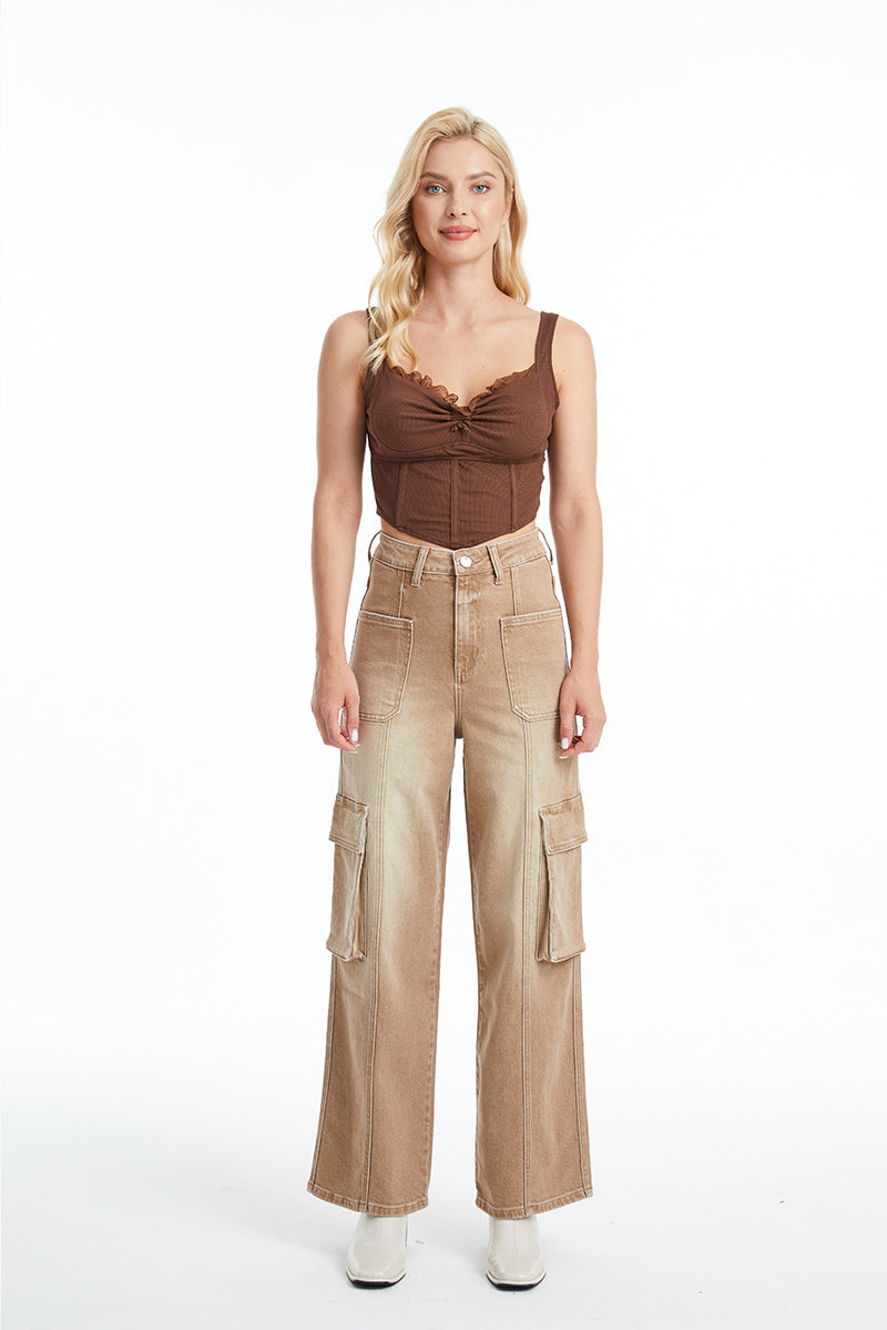 HIGH RISE CARGO STRAIGHT WIDE LEG JEANS BYW8107 KHAKI by Bayeas