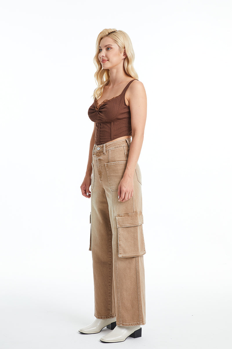 HIGH RISE CARGO STRAIGHT WIDE LEG JEANS BYW8107 KHAKI by Bayeas