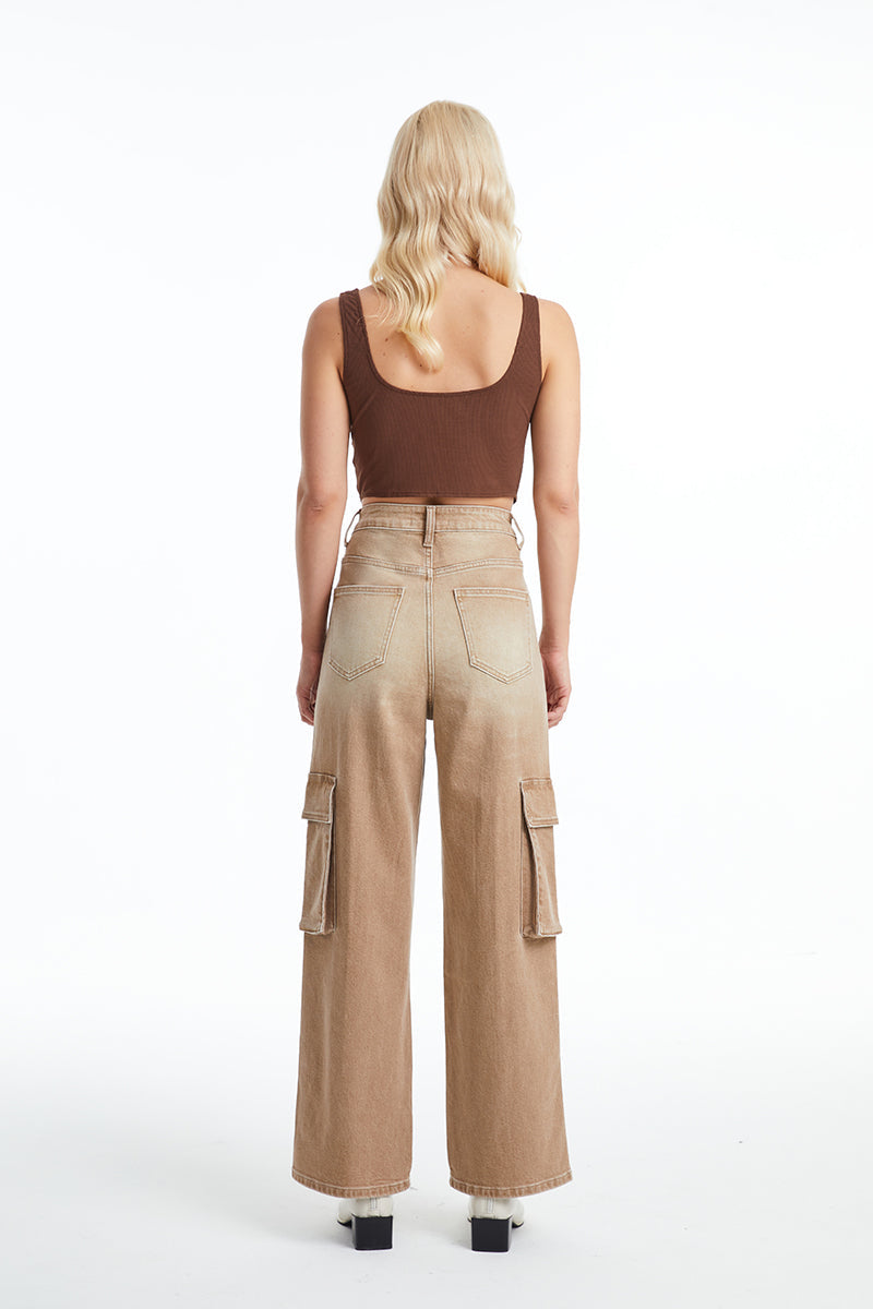 HIGH RISE CARGO STRAIGHT WIDE LEG JEANS BYW8107 KHAKI by Bayeas