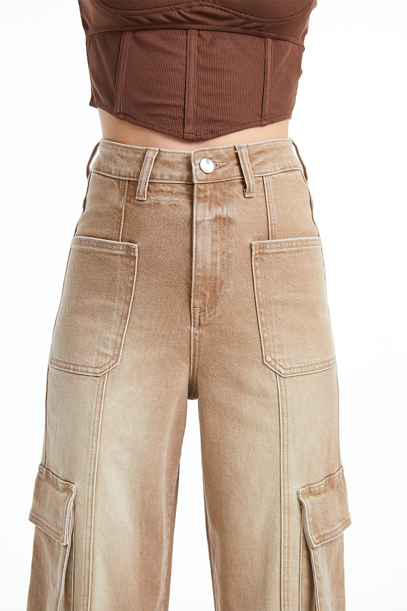 HIGH RISE CARGO STRAIGHT WIDE LEG JEANS BYW8107 KHAKI by Bayeas