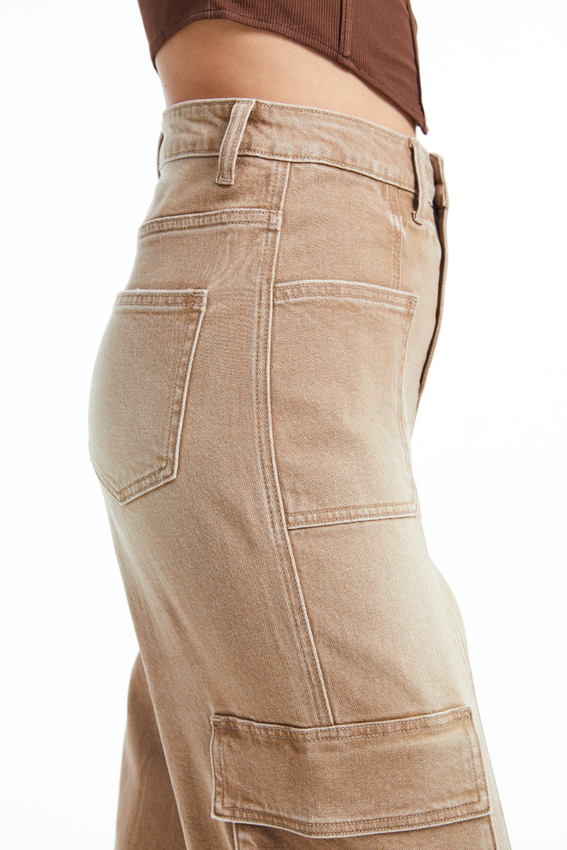 HIGH RISE CARGO STRAIGHT WIDE LEG JEANS BYW8107 KHAKI by Bayeas