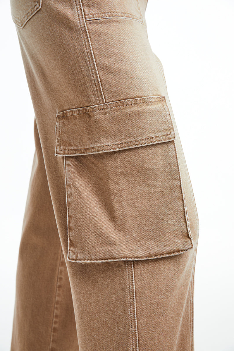 HIGH RISE CARGO STRAIGHT WIDE LEG JEANS BYW8107 KHAKI by Bayeas