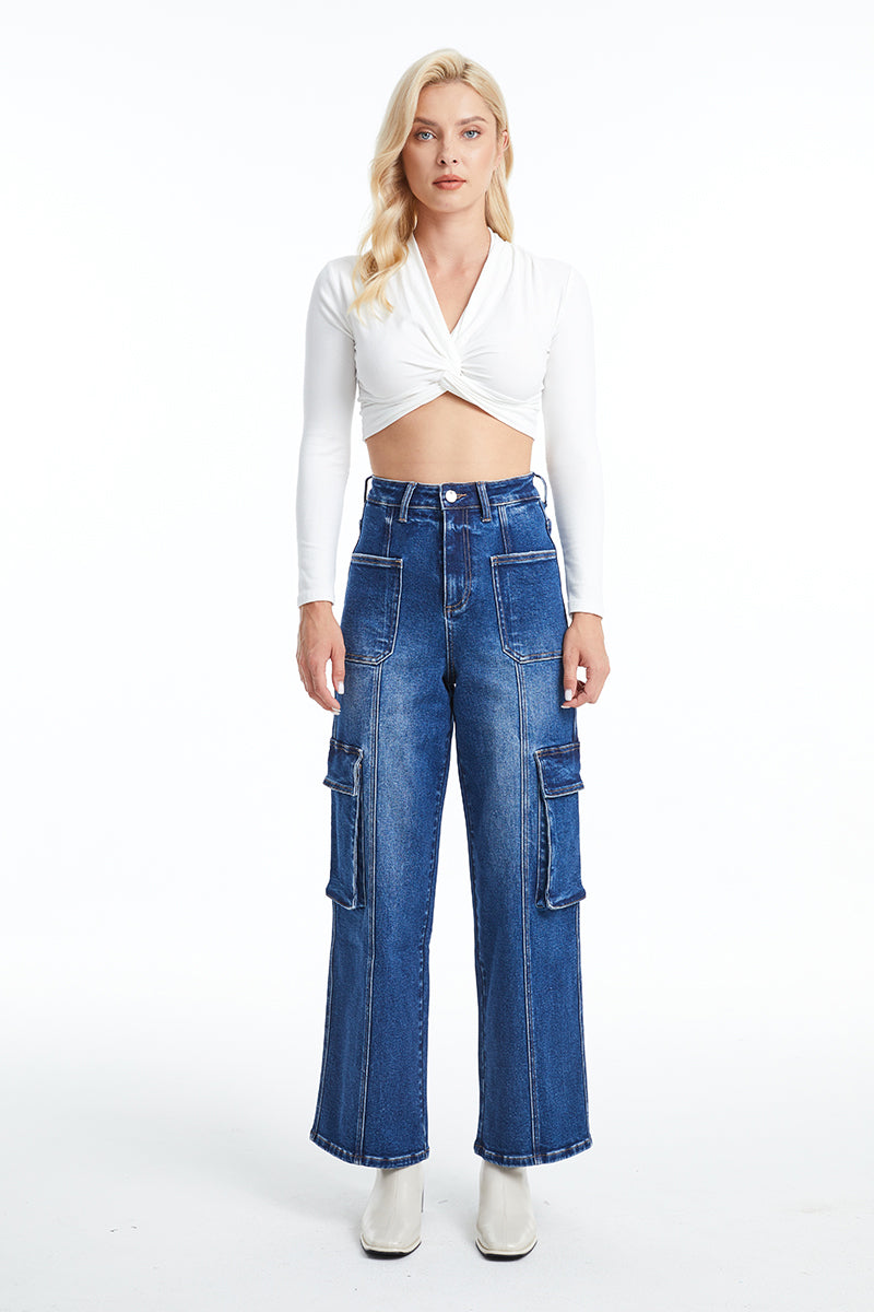 HIGH RISE CARGO STRAIGHT WIDE LEG JEANS BYW8107 INDIGO ROCK by Bayeas