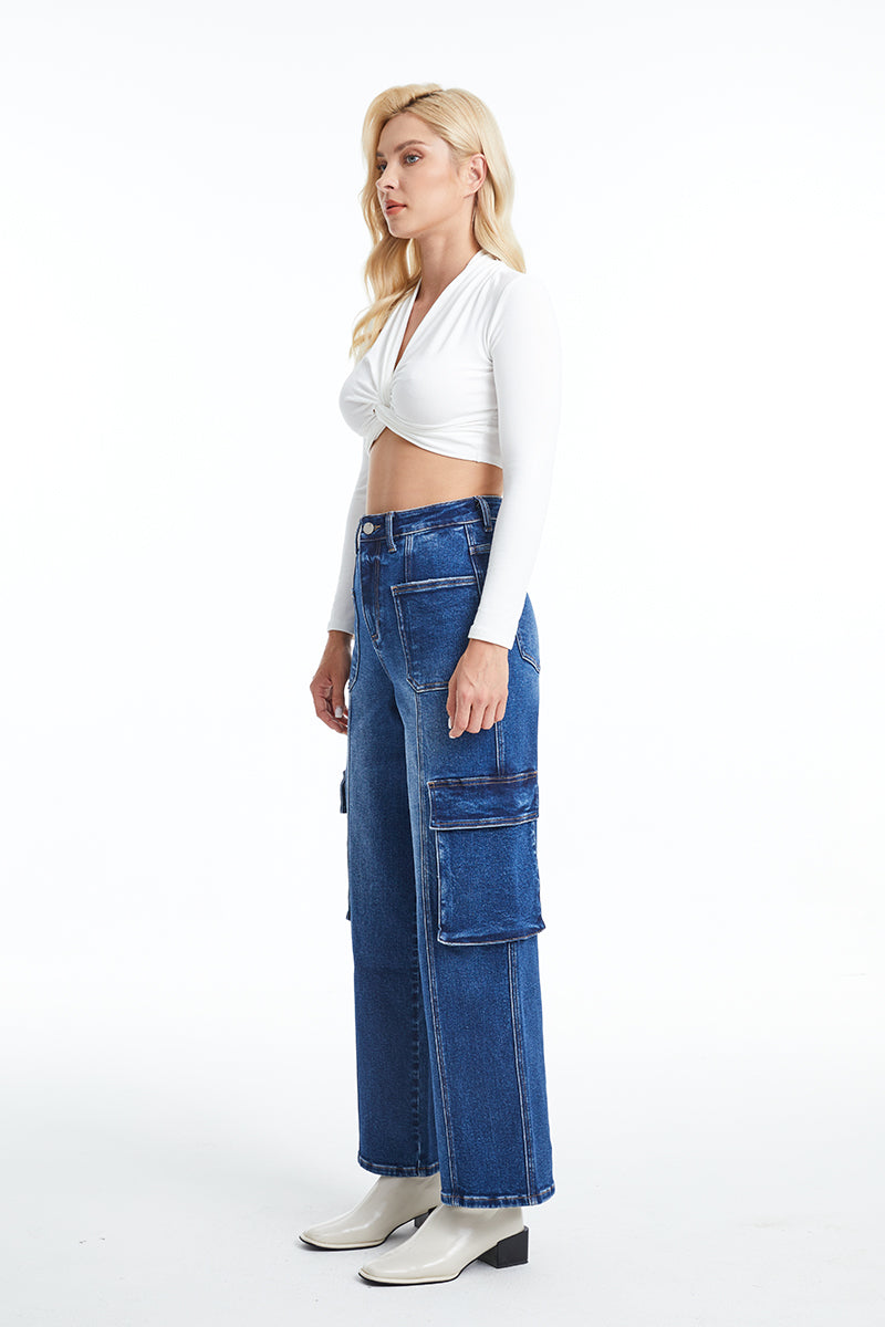 HIGH RISE CARGO STRAIGHT WIDE LEG JEANS BYW8107 INDIGO ROCK by Bayeas