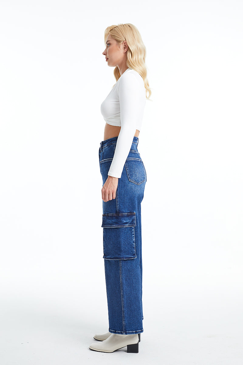 HIGH RISE CARGO STRAIGHT WIDE LEG JEANS BYW8107 INDIGO ROCK by Bayeas