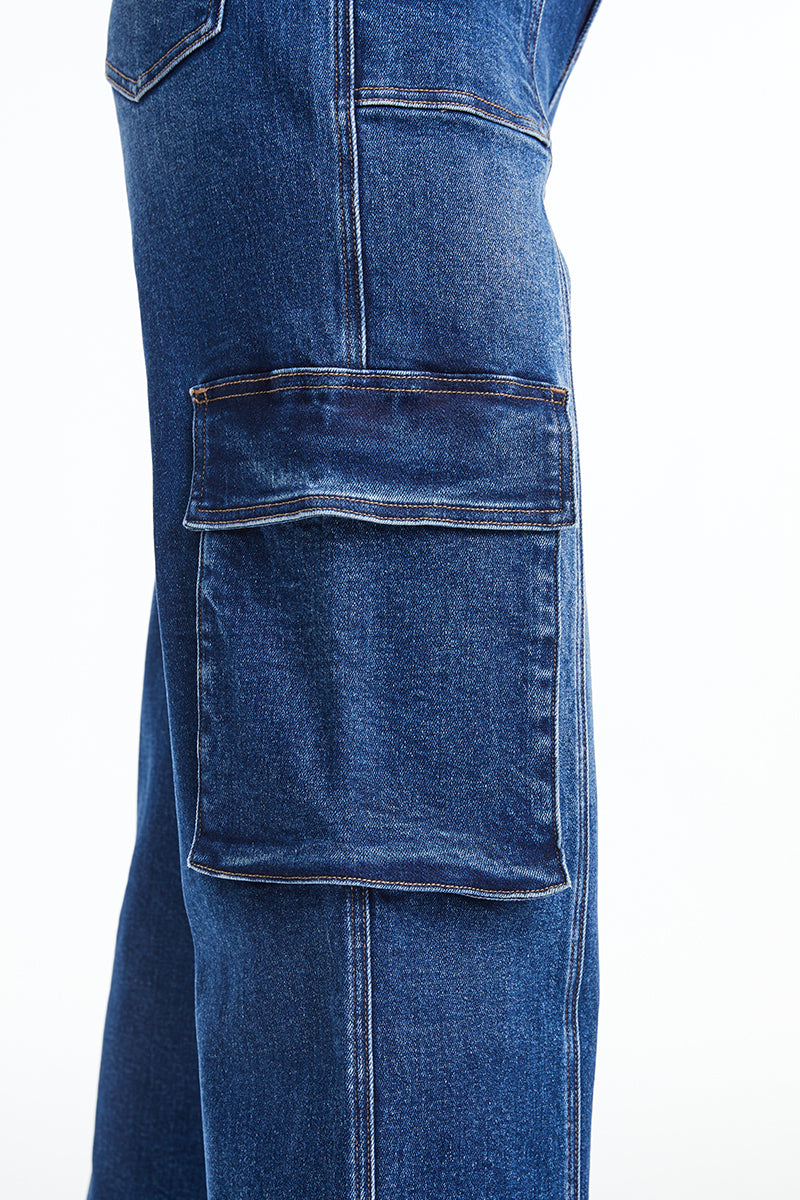 HIGH RISE CARGO STRAIGHT WIDE LEG JEANS BYW8107 INDIGO ROCK by Bayeas