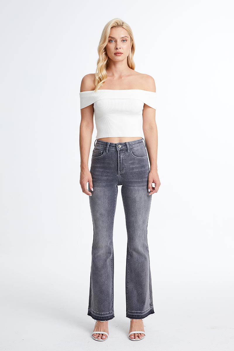 HIGH RISE FLARE LEG JEANS WITH RAW HEM BYF1110 GREY by Bayeas