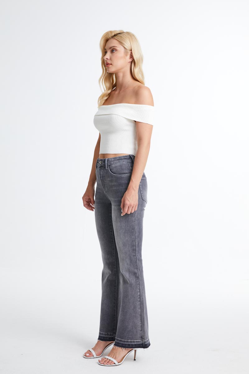 HIGH RISE FLARE LEG JEANS WITH RAW HEM BYF1110 GREY by Bayeas