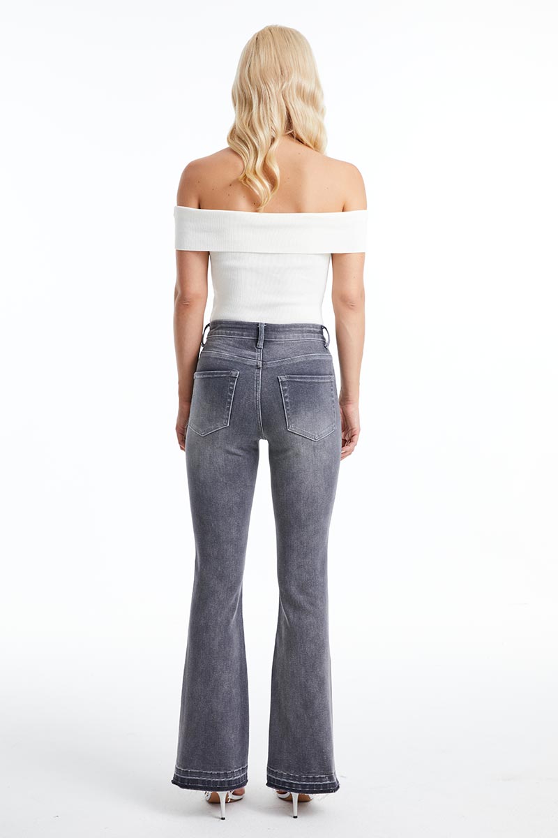 HIGH RISE FLARE LEG JEANS WITH RAW HEM BYF1110 GREY by Bayeas