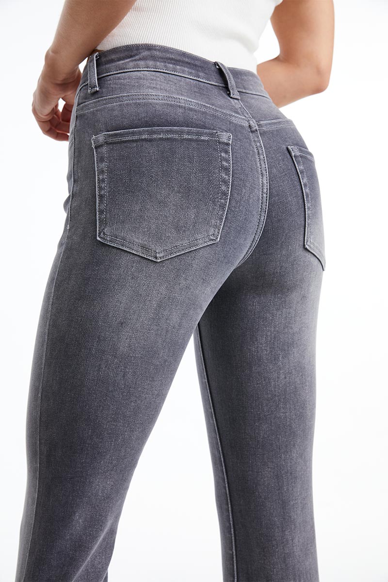 HIGH RISE FLARE LEG JEANS WITH RAW HEM BYF1110 GREY by Bayeas