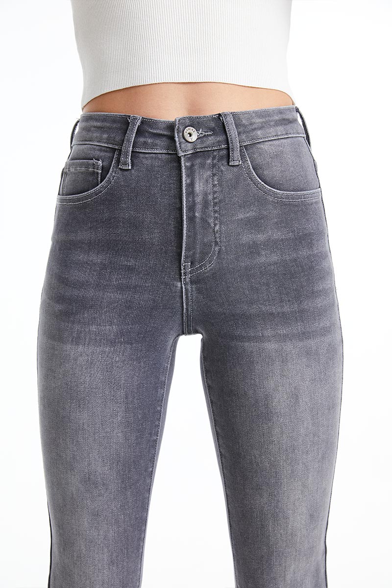 HIGH RISE FLARE LEG JEANS WITH RAW HEM BYF1110 GREY by Bayeas