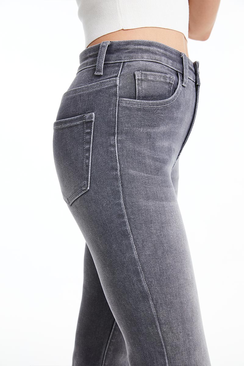 HIGH RISE FLARE LEG JEANS WITH RAW HEM BYF1110 GREY by Bayeas