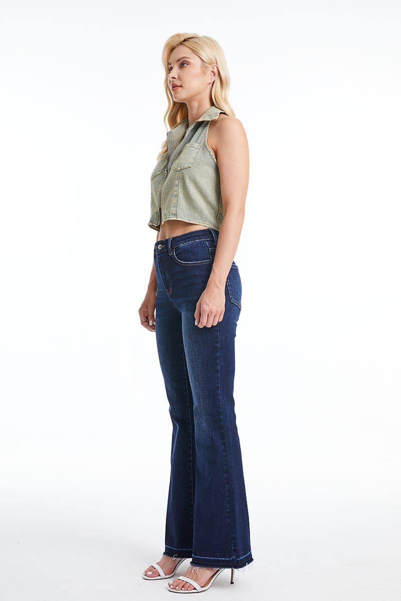 HIGH RISE FLARE LEG JEANS WITH RAW HEM BYF1110 DB by Bayeas