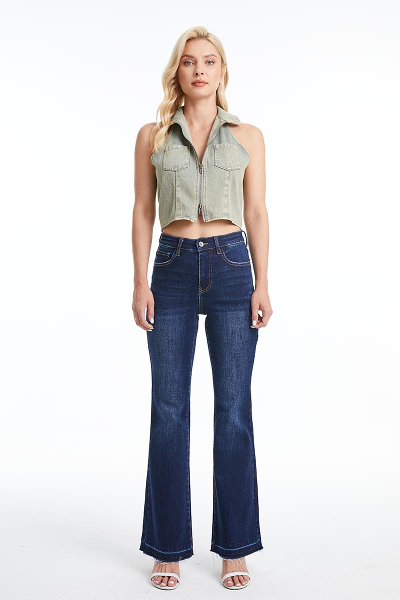 HIGH RISE FLARE LEG JEANS WITH RAW HEM BYF1110 DB by Bayeas